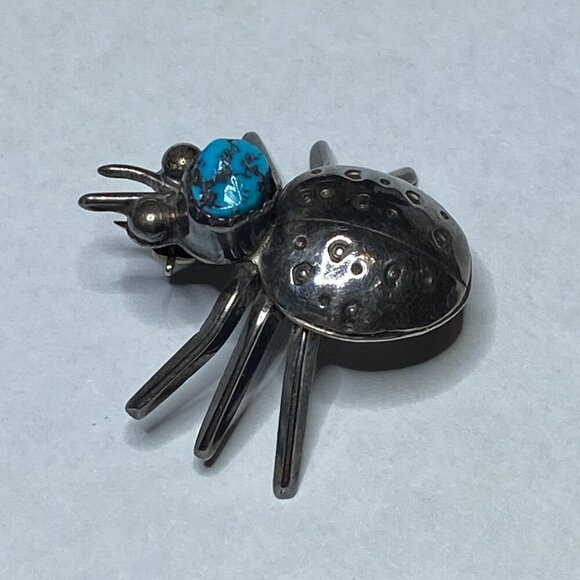 VINTAGE Native Southwest Sterling Silver Turquoise Ladybug Insect Brooch Pin EUC - Picture 4 of 16